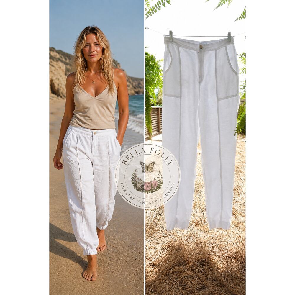H Halston Linen Blend White Utility Pants Slouchy Size Large EUC Coastal Chic